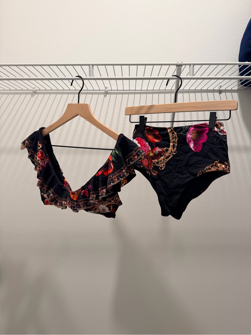Camilla Black Floral & Gold-Chain Ruffle Bikini